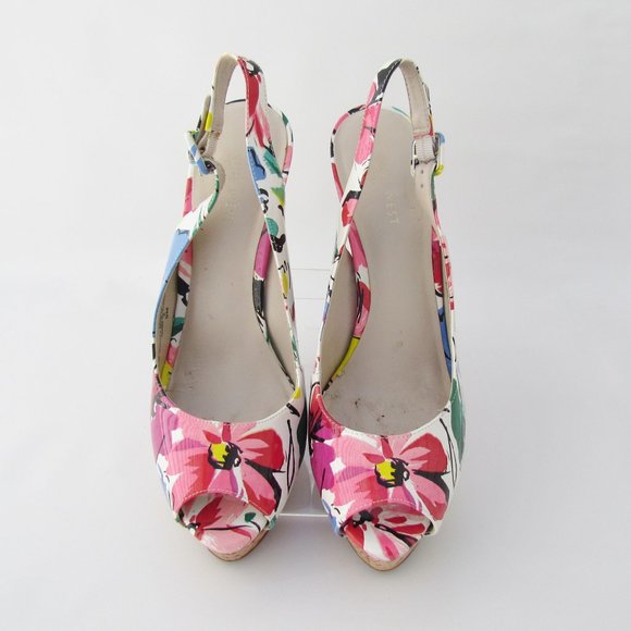 Nine West Leggyr FLORAL WEDGE SANDAL Platform Peep-Toe Cork Slingback 9 M - Picture 2 of 11